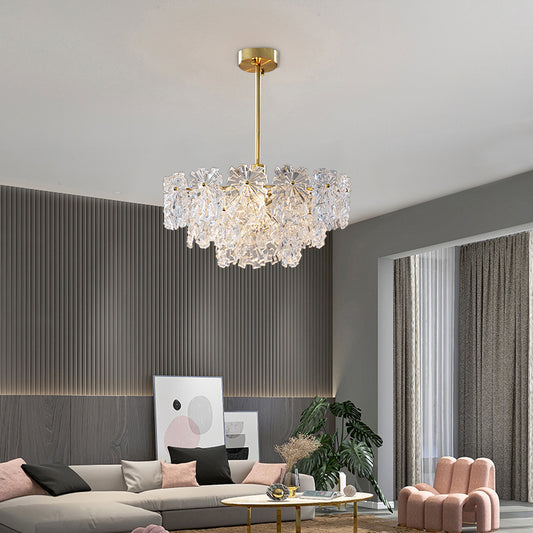 Tiered Floral Glass Chandelier Postmodern Brass Finish Hanging Light for Living Room Clearhalo 'Ceiling Lights' 'Chandeliers' 'Modern Chandeliers' 'Modern' Lighting' 2327513