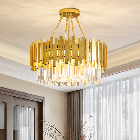 6 Lights Living Room Chandelier Minimalist Gold Ceiling Pendant Light with Drum Crystal Shade Gold Clearhalo 'Ceiling Lights' 'Chandeliers' 'Modern Chandeliers' 'Modern' Lighting' 2327518