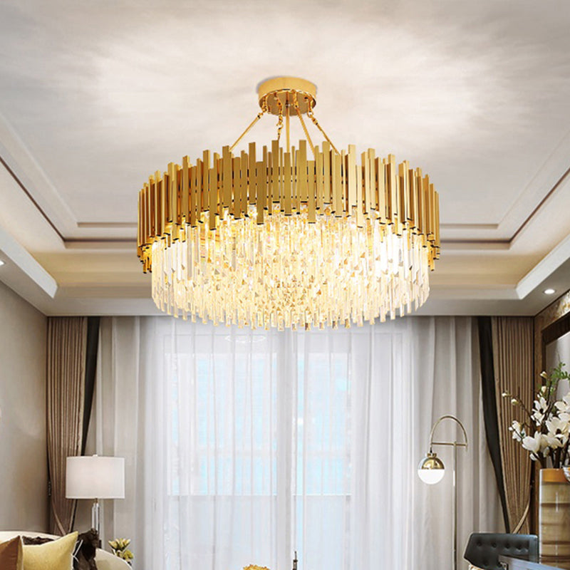 6 Lights Living Room Chandelier Minimalist Gold Ceiling Pendant Light with Drum Crystal Shade Clearhalo 'Ceiling Lights' 'Chandeliers' 'Modern Chandeliers' 'Modern' Lighting' 2327519