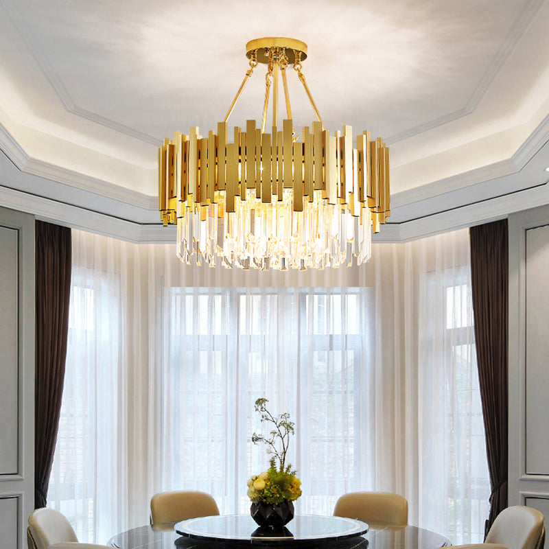 6 Lights Living Room Chandelier Minimalist Gold Ceiling Pendant Light with Drum Crystal Shade Clearhalo 'Ceiling Lights' 'Chandeliers' 'Modern Chandeliers' 'Modern' Lighting' 2327522