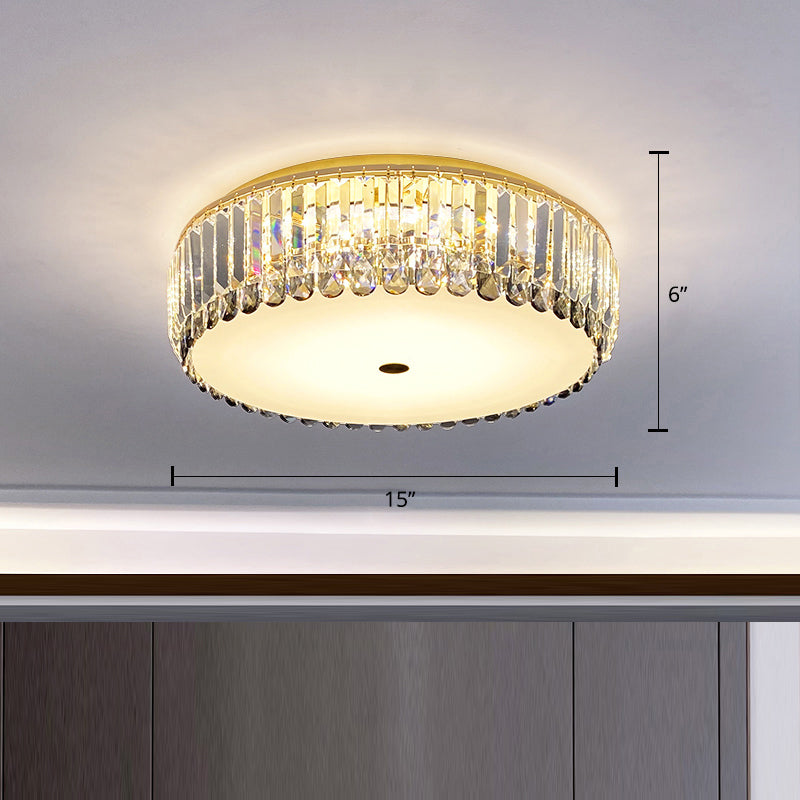 Brass Finish Drum Shaped Ceiling Lighting Simplicity Crystal LED Flush-Mount Light Fixture Brass 15" Clearhalo 'Ceiling Lights' 'Close To Ceiling Lights' 'Close to ceiling' 'Flush mount' Lighting' 2327577