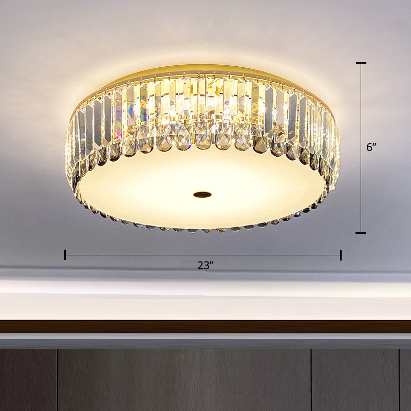 Brass Finish Drum Shaped Ceiling Lighting Simplicity Crystal LED Flush-Mount Light Fixture Brass 23" Clearhalo 'Ceiling Lights' 'Close To Ceiling Lights' 'Close to ceiling' 'Flush mount' Lighting' 2327578