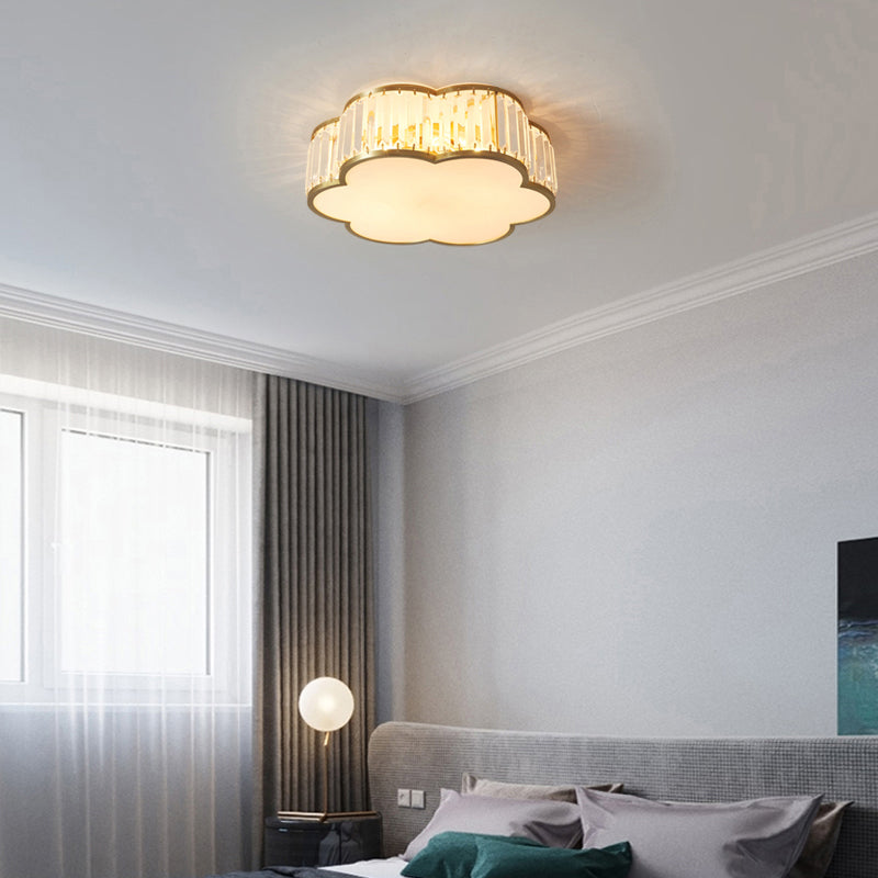 Brass Finish Floral Ceiling Lighting Simplicity 3-Light Crystal Flush Mount Fixture for Bedroom Clearhalo 'Ceiling Lights' 'Close To Ceiling Lights' 'Close to ceiling' 'Flush mount' Lighting' 2327675