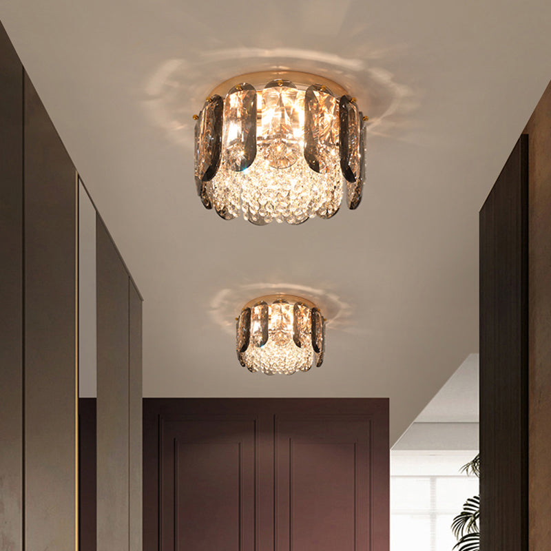 Brass Drum Shaped Flushmount Lighting Modern 3 Lights Crystal Ceiling Light for Corridor Clearhalo 'Ceiling Lights' 'Close To Ceiling Lights' 'Close to ceiling' 'Flush mount' Lighting' 2327684