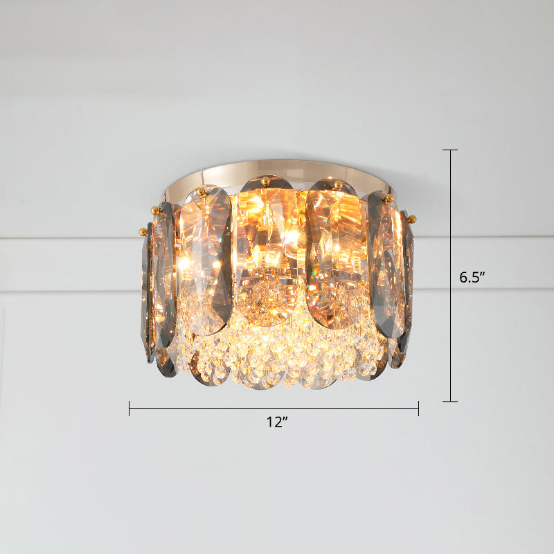 Brass Drum Shaped Flushmount Lighting Modern 3 Lights Crystal Ceiling Light for Corridor Brass 12" Clearhalo 'Ceiling Lights' 'Close To Ceiling Lights' 'Close to ceiling' 'Flush mount' Lighting' 2327685