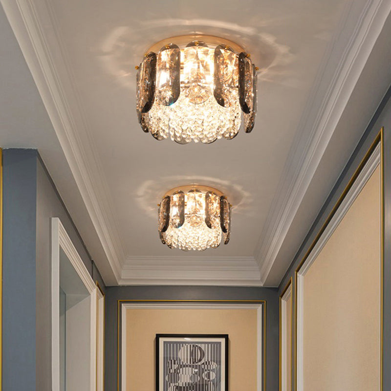 Brass Drum Shaped Flushmount Lighting Modern 3 Lights Crystal Ceiling Light for Corridor Clearhalo 'Ceiling Lights' 'Close To Ceiling Lights' 'Close to ceiling' 'Flush mount' Lighting' 2327687