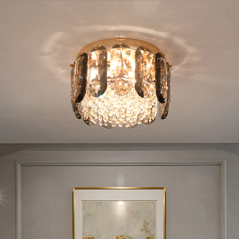 Brass Drum Shaped Flushmount Lighting Modern 3 Lights Crystal Ceiling Light for Corridor Clearhalo 'Ceiling Lights' 'Close To Ceiling Lights' 'Close to ceiling' 'Flush mount' Lighting' 2327688