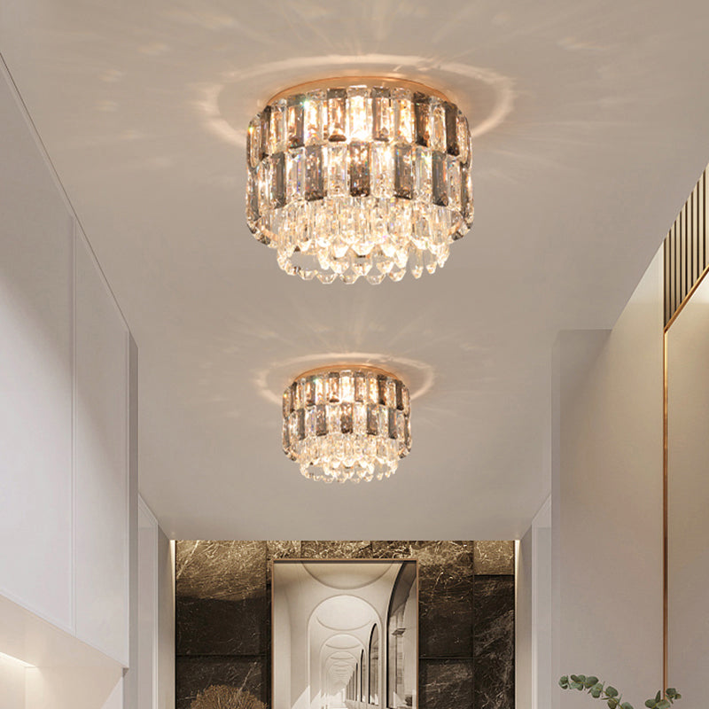 Brass Drum Shaped Flushmount Lighting Modern 3 Lights Crystal Ceiling Light for Corridor Clearhalo 'Ceiling Lights' 'Close To Ceiling Lights' 'Close to ceiling' 'Flush mount' Lighting' 2327689