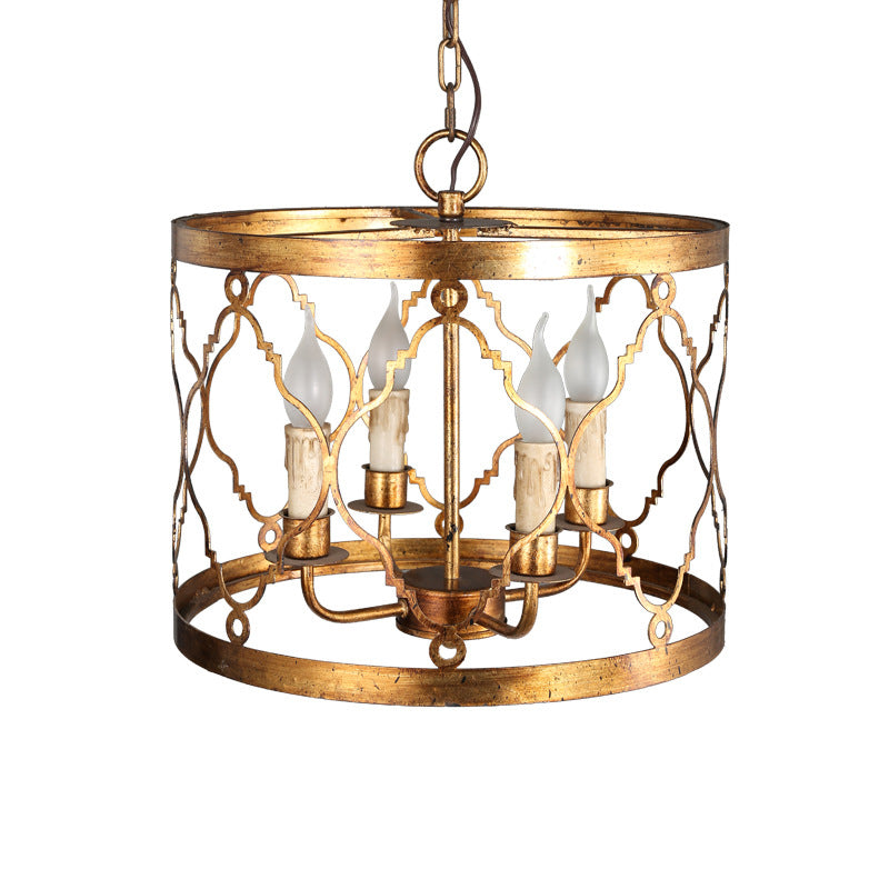 Metal Drum Shade Chandelier Lamp Retro 4-Head Bedroom Pendant Ceiling Light in Gold Clearhalo 'Ceiling Lights' 'Chandeliers' Lighting' options 232777