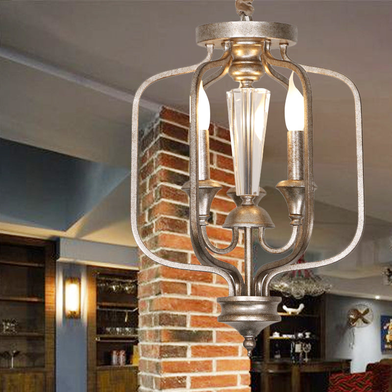 Traditional Caged Hanging Lamp 3 Bulbs Metal Chandelier Light Fixture with Crystal Accent in Aged Silver Aged Silver Clearhalo 'Ceiling Lights' 'Chandeliers' Lighting' options 232780_36731075-455f-4c62-b472-04b89250b63c