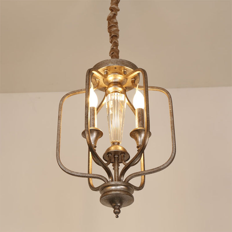 Traditional Caged Hanging Lamp 3 Bulbs Metal Chandelier Light Fixture with Crystal Accent in Aged Silver Clearhalo 'Ceiling Lights' 'Chandeliers' Lighting' options 232781