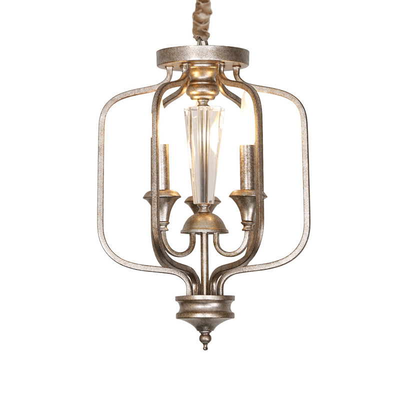 Traditional Caged Hanging Lamp 3 Bulbs Metal Chandelier Light Fixture with Crystal Accent in Aged Silver Clearhalo 'Ceiling Lights' 'Chandeliers' Lighting' options 232782