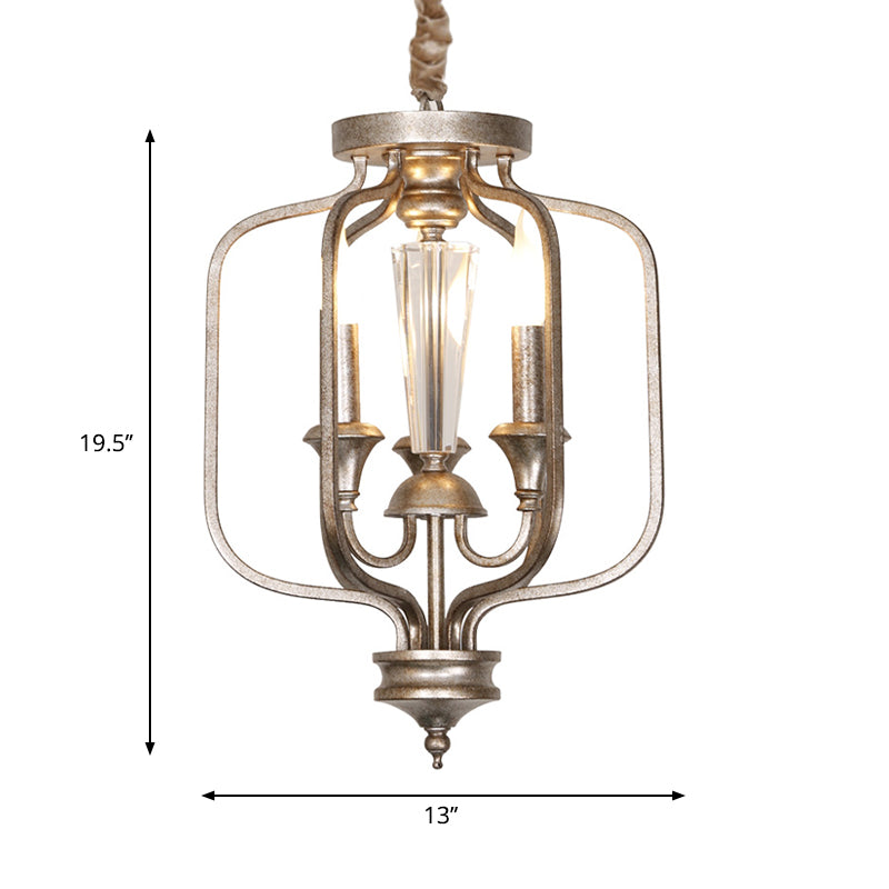 Traditional Caged Hanging Lamp 3 Bulbs Metal Chandelier Light Fixture with Crystal Accent in Aged Silver Clearhalo 'Ceiling Lights' 'Chandeliers' Lighting' options 232783