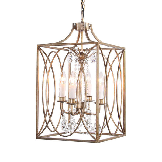 Rectangle Living Room Hanging Lamp Traditional Metal 4 Bulbs Brass Chandelier Pendant Light with Cascading Crystal Clearhalo 'Ceiling Lights' 'Chandeliers' Lighting' options 232791