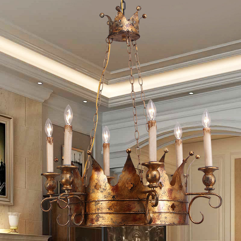 Countryside Crown Hanging Pendant 6 Lights Metal Ceiling Chandelier in Antique Brass for Living Room Clearhalo 'Ceiling Lights' 'Chandeliers' Lighting' options 232813