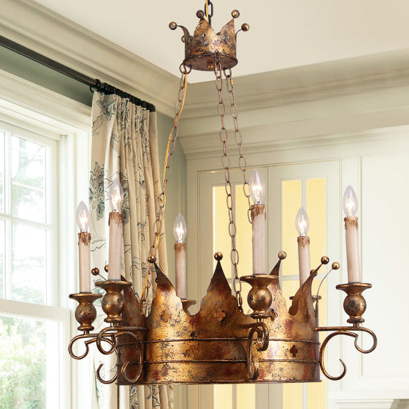 Countryside Crown Hanging Pendant 6 Lights Metal Ceiling Chandelier in Antique Brass for Living Room Clearhalo 'Ceiling Lights' 'Chandeliers' Lighting' options 232814