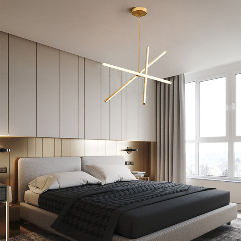 Linear Metal Pendant Chandelier Modern Led Black/Gold Hanging Ceiling Lamp for Bedroom in Warm Light Gold Clearhalo 'Ceiling Lights' 'Chandeliers' 'Modern Chandeliers' 'Modern' Lighting' 232819