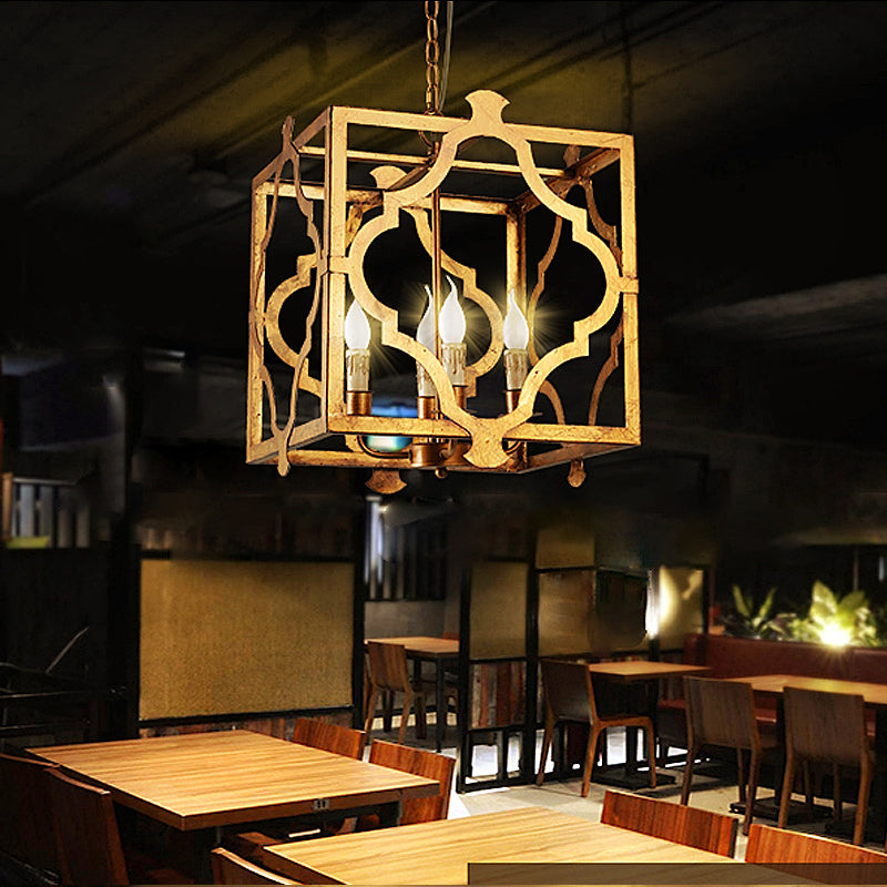 4-Light Chandelier Light Antique Restaurant Suspension Pendant with Quatrefoil Metal Cage in Gold Gold Clearhalo 'Ceiling Lights' 'Chandeliers' Lighting' options 232826_d0aaec73-bd74-435d-99fe-76ad68aa647f