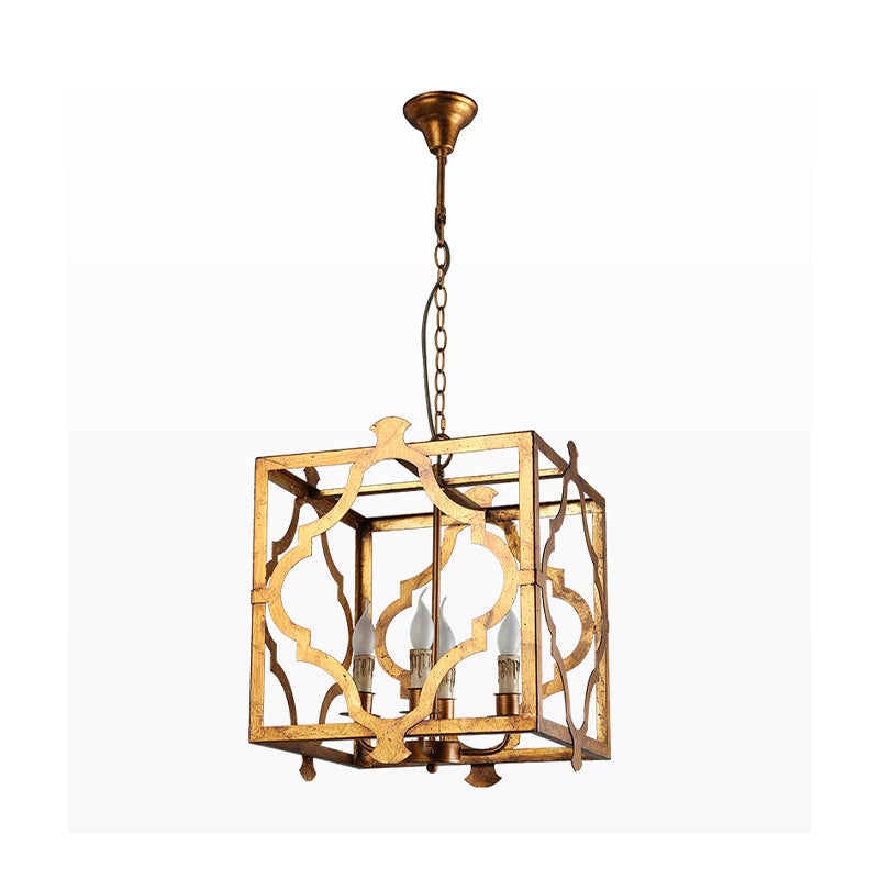 4-Light Chandelier Light Antique Restaurant Suspension Pendant with Quatrefoil Metal Cage in Gold Clearhalo 'Ceiling Lights' 'Chandeliers' Lighting' options 232828