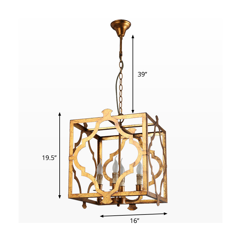 4-Light Chandelier Light Antique Restaurant Suspension Pendant with Quatrefoil Metal Cage in Gold Clearhalo 'Ceiling Lights' 'Chandeliers' Lighting' options 232829