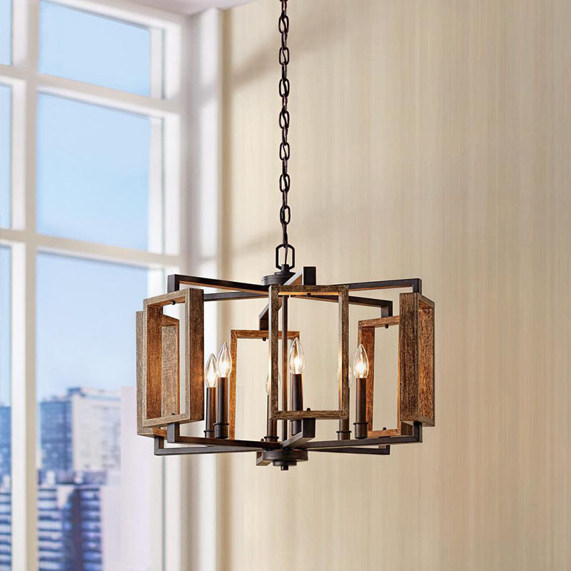 Brown 6 Lights Chandelier Lighting Rustic Metal Rectangular Pendant Lamp for Bedroom Clearhalo 'Ceiling Lights' 'Chandeliers' Lighting' options 232834