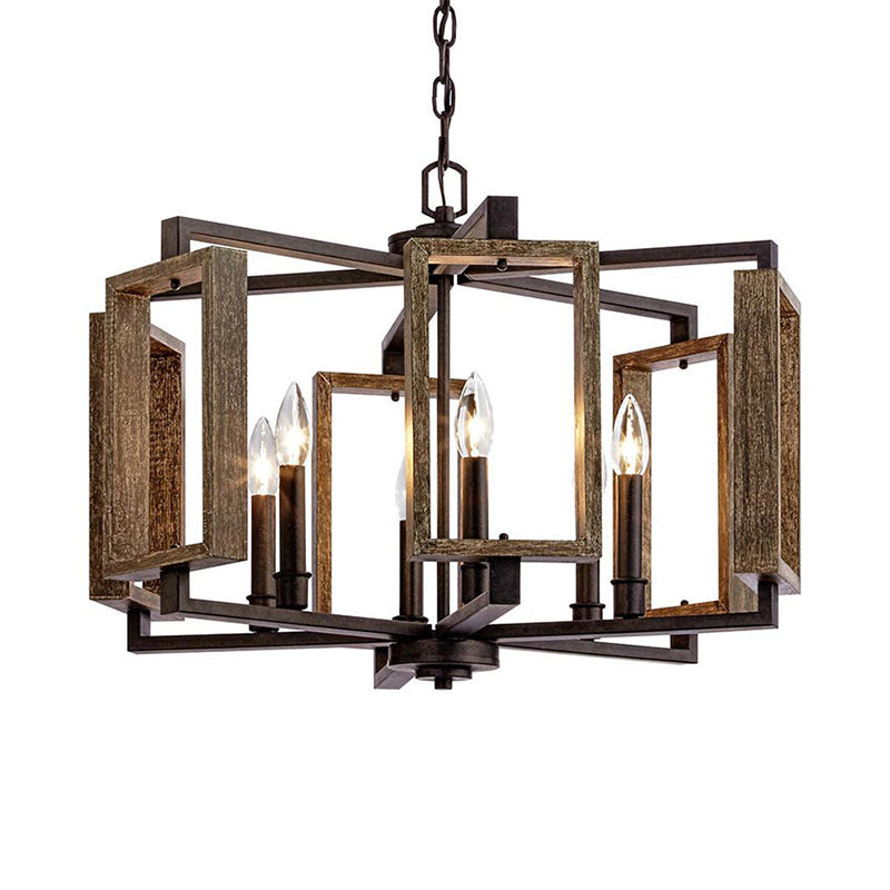 Brown 6 Lights Chandelier Lighting Rustic Metal Rectangular Pendant Lamp for Bedroom Clearhalo 'Ceiling Lights' 'Chandeliers' Lighting' options 232836