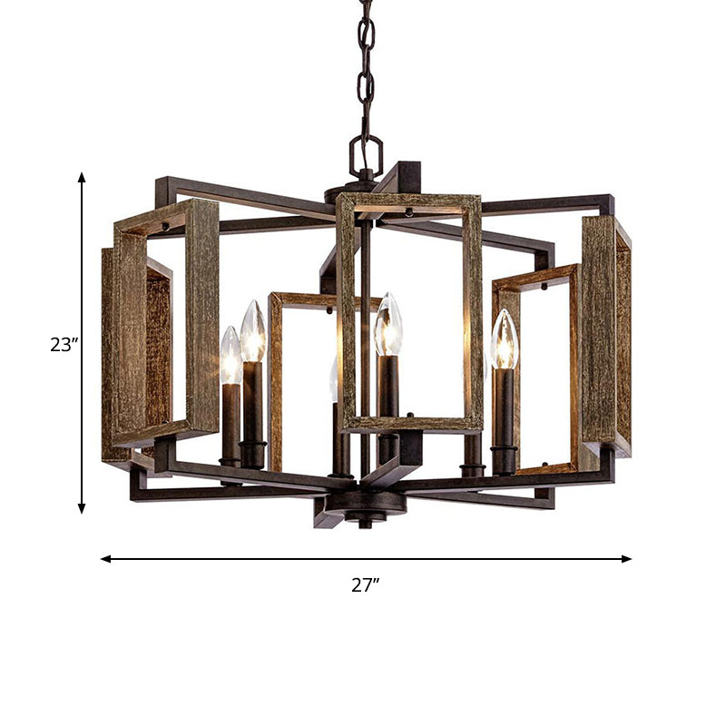 Brown 6 Lights Chandelier Lighting Rustic Metal Rectangular Pendant Lamp for Bedroom Clearhalo 'Ceiling Lights' 'Chandeliers' Lighting' options 232837