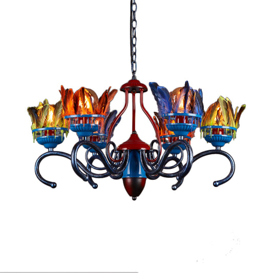 6 Lights Chandelier Lighting Fixture Antique Feather Metal Ceiling Suspension Lamp in Orange-Blue for Restaurant Clearhalo 'Ceiling Lights' 'Chandeliers' Lighting' options 232896