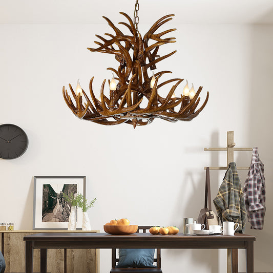 9 Lights Resin Chandelier Lamp Countryside Brown Antler Shape Living Room Down Lighting Pendant Clearhalo 'Ceiling Lights' 'Chandeliers' Lighting' options 232967