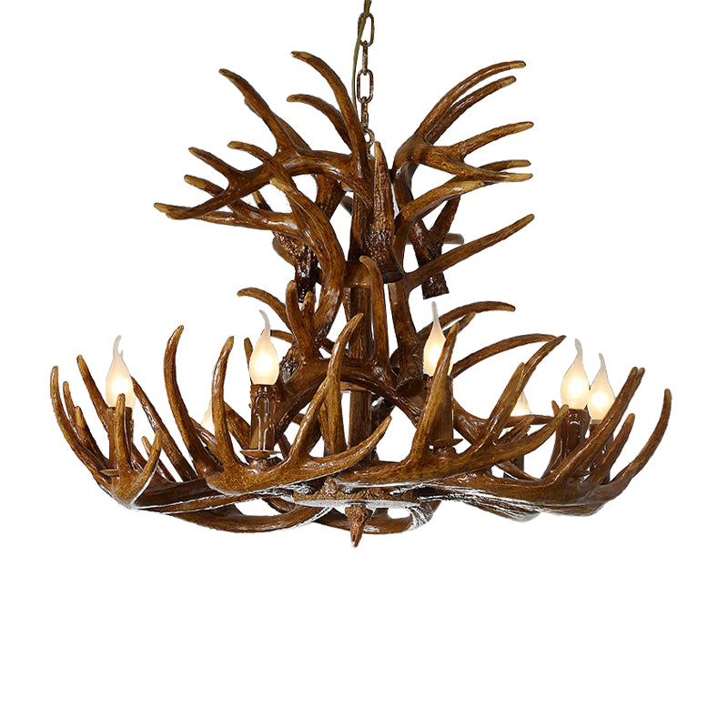 9 Lights Resin Chandelier Lamp Countryside Brown Antler Shape Living Room Down Lighting Pendant Clearhalo 'Ceiling Lights' 'Chandeliers' Lighting' options 232968