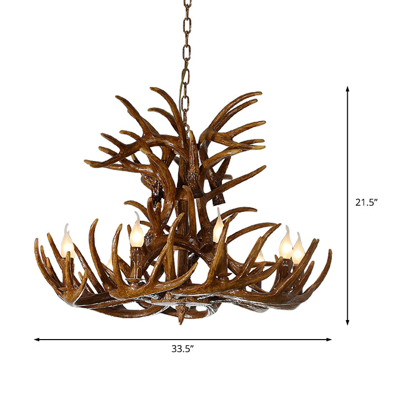 9 Lights Resin Chandelier Lamp Countryside Brown Antler Shape Living Room Down Lighting Pendant Clearhalo 'Ceiling Lights' 'Chandeliers' Lighting' options 232969