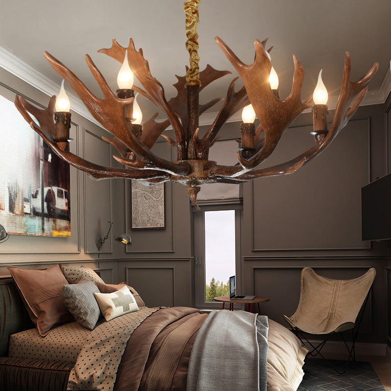 Candle Shape Bedroom Hanging Lamp Traditional Resin 6-Bulb Brown Chandelier Pendant Light with Antler Clearhalo 'Ceiling Lights' 'Chandeliers' Lighting' options 232970