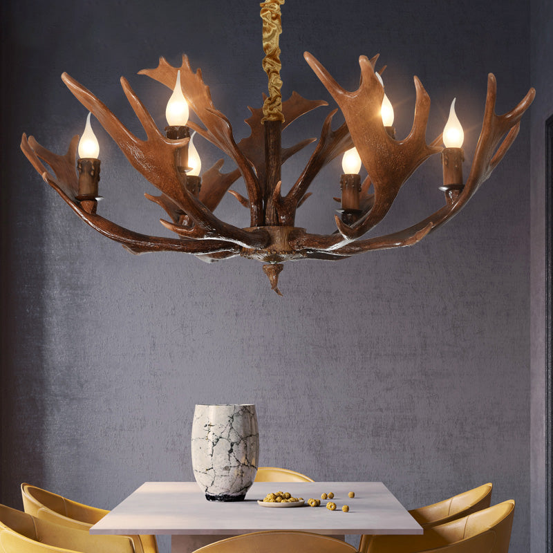 Candle Shape Bedroom Hanging Lamp Traditional Resin 6-Bulb Brown Chandelier Pendant Light with Antler Clearhalo 'Ceiling Lights' 'Chandeliers' Lighting' options 232971