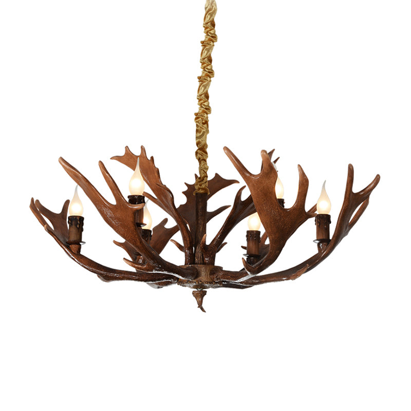 Candle Shape Bedroom Hanging Lamp Traditional Resin 6-Bulb Brown Chandelier Pendant Light with Antler Clearhalo 'Ceiling Lights' 'Chandeliers' Lighting' options 232972