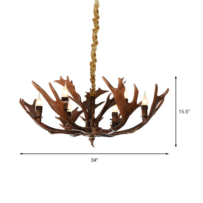 Candle Shape Bedroom Hanging Lamp Traditional Resin 6-Bulb Brown Chandelier Pendant Light with Antler Clearhalo 'Ceiling Lights' 'Chandeliers' Lighting' options 232973