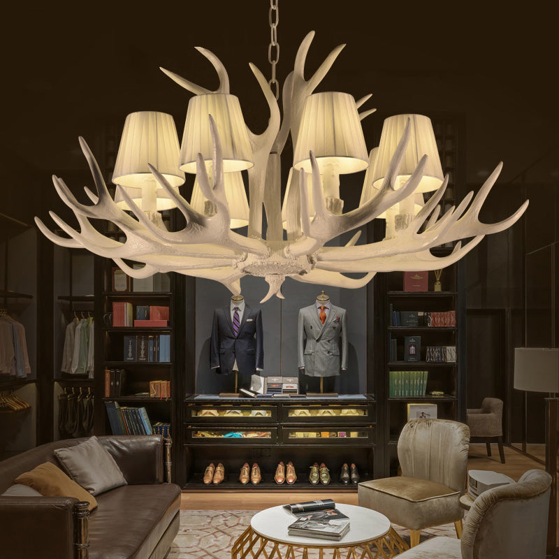 8 Heads Resin Chandelier Rustic Style White Cone Shade Living Room Pendant Light with Antler Clearhalo 'Ceiling Lights' 'Chandeliers' Lighting' options 232989