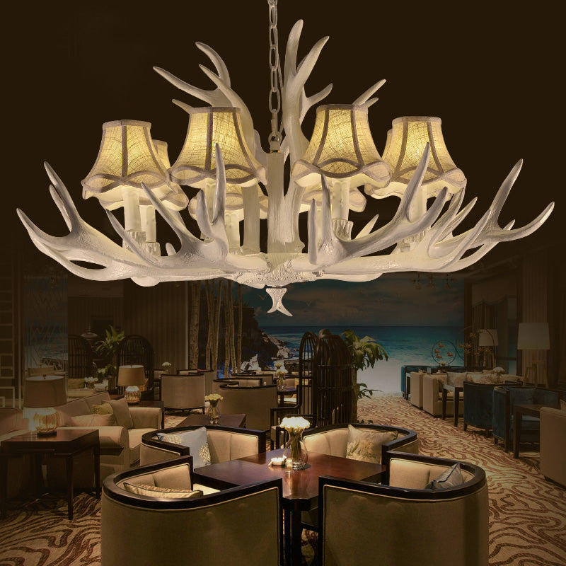 8 Heads Resin Chandelier Rustic Style White Cone Shade Living Room Pendant Light with Antler Clearhalo 'Ceiling Lights' 'Chandeliers' Lighting' options 232990