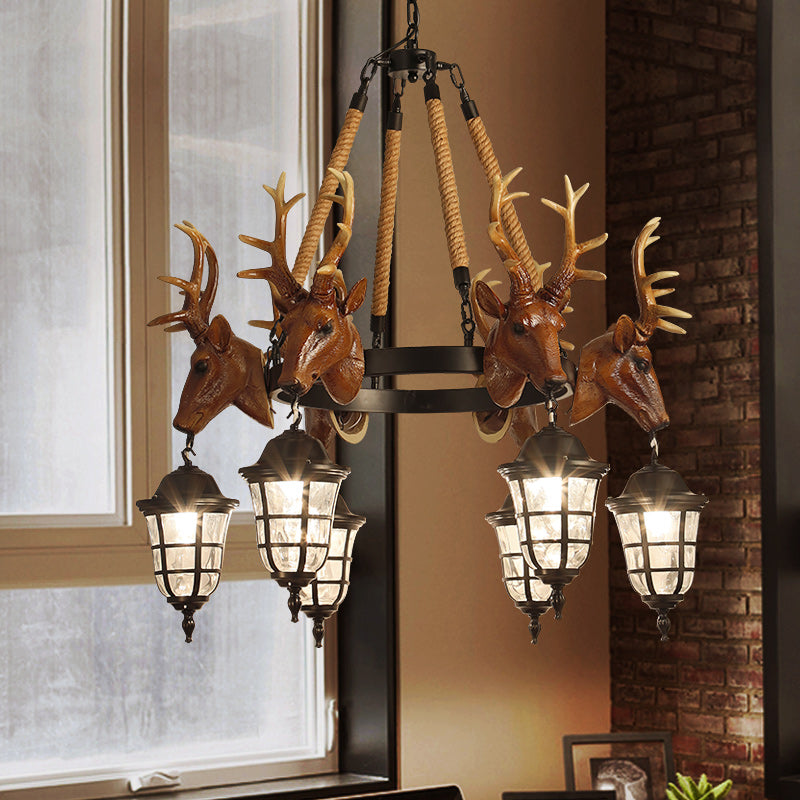 Traditional Wagon Wheel Hanging Lamp 6 Bulbs Resin Chandelier Light Fixture with Deer Head in Brown Clearhalo 'Ceiling Lights' 'Chandeliers' Lighting' options 233009
