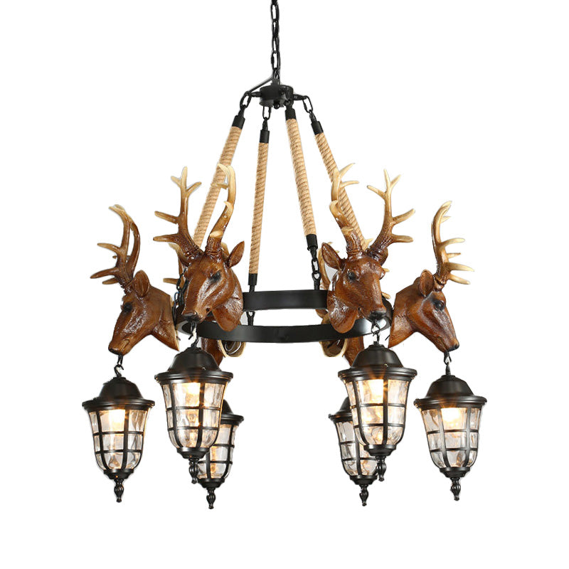 Traditional Wagon Wheel Hanging Lamp 6 Bulbs Resin Chandelier Light Fixture with Deer Head in Brown Clearhalo 'Ceiling Lights' 'Chandeliers' Lighting' options 233010
