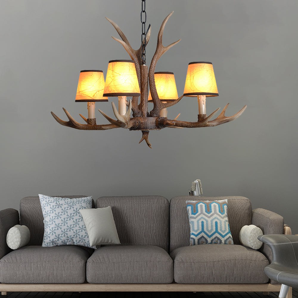 Brown Conical Shade Pendant Chandelier Rural Resin 4/6/8 Heads Dining Room Hanging Ceiling Light 4 Brown Clearhalo 'Ceiling Lights' 'Chandeliers' Lighting' options 233058_98e0691d-08c5-44bd-851a-93a520785ed9