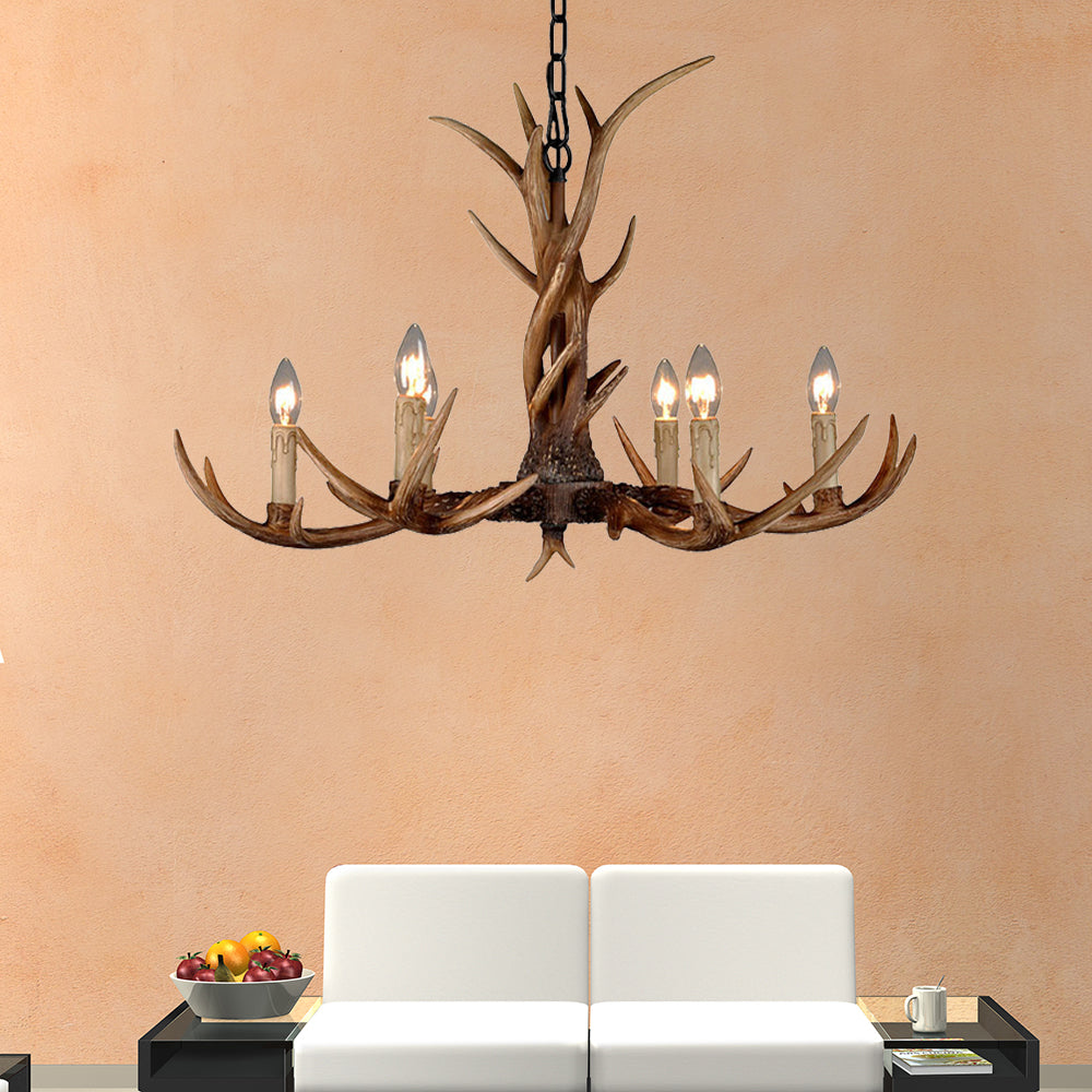 Countryside Faux Antler Hanging Pendant 6/8/10 Lights Resin Ceiling Chandelier in Brown for Living Room Clearhalo 'Ceiling Lights' 'Chandeliers' Lighting' options 233105