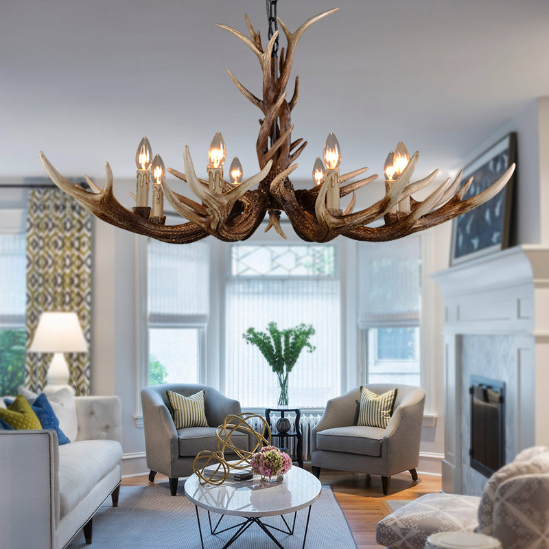 Countryside Faux Antler Hanging Pendant 6/8/10 Lights Resin Ceiling Chandelier in Brown for Living Room Clearhalo 'Ceiling Lights' 'Chandeliers' Lighting' options 233108