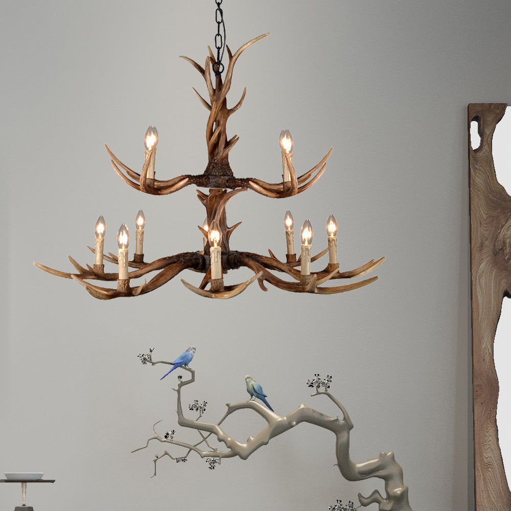 Countryside Faux Antler Hanging Pendant 6/8/10 Lights Resin Ceiling Chandelier in Brown for Living Room Clearhalo 'Ceiling Lights' 'Chandeliers' Lighting' options 233116