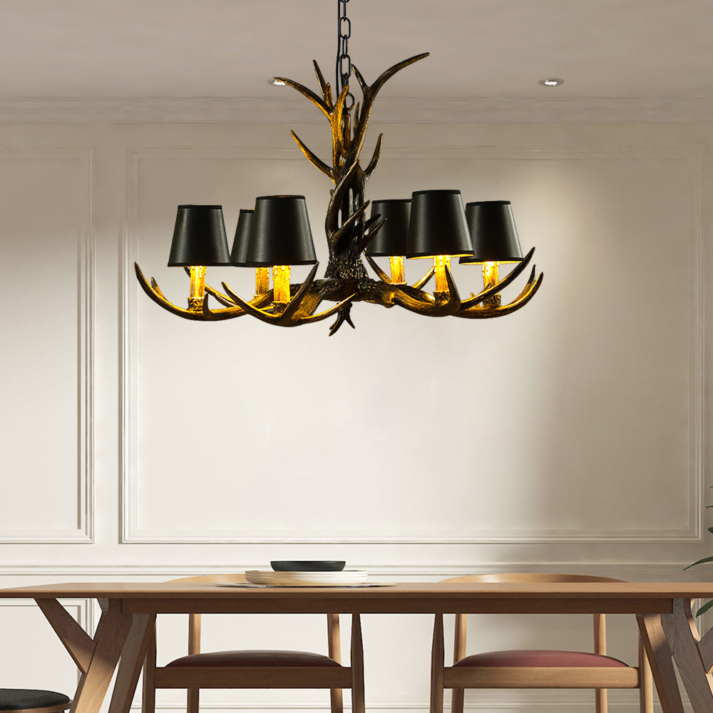 Black 6/8 Lights Chandelier Lighting Rustic Resin Cone Pendant Lamp with Antler for Living Room 6 Black Clearhalo 'Ceiling Lights' 'Chandeliers' Lighting' options 233149_e20ddf96-79fd-478e-9d1b-32181e24e994