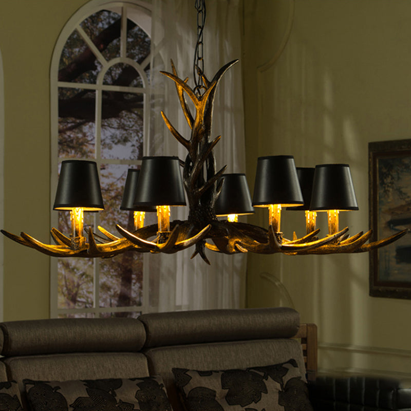 Black 6/8 Lights Chandelier Lighting Rustic Resin Cone Pendant Lamp with Antler for Living Room 8 Black Clearhalo 'Ceiling Lights' 'Chandeliers' Lighting' options 233153_bf6b60b8-78a1-4756-a850-fc927dcb30b3