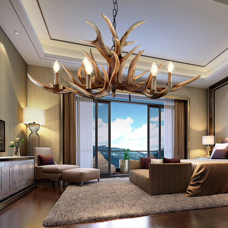 Resin Candelabra Chandelier Lamp Farmhouse 6/10/15-Head Bedroom Pendant Ceiling Light in Brown Clearhalo 'Ceiling Lights' 'Chandeliers' Lighting' options 233158