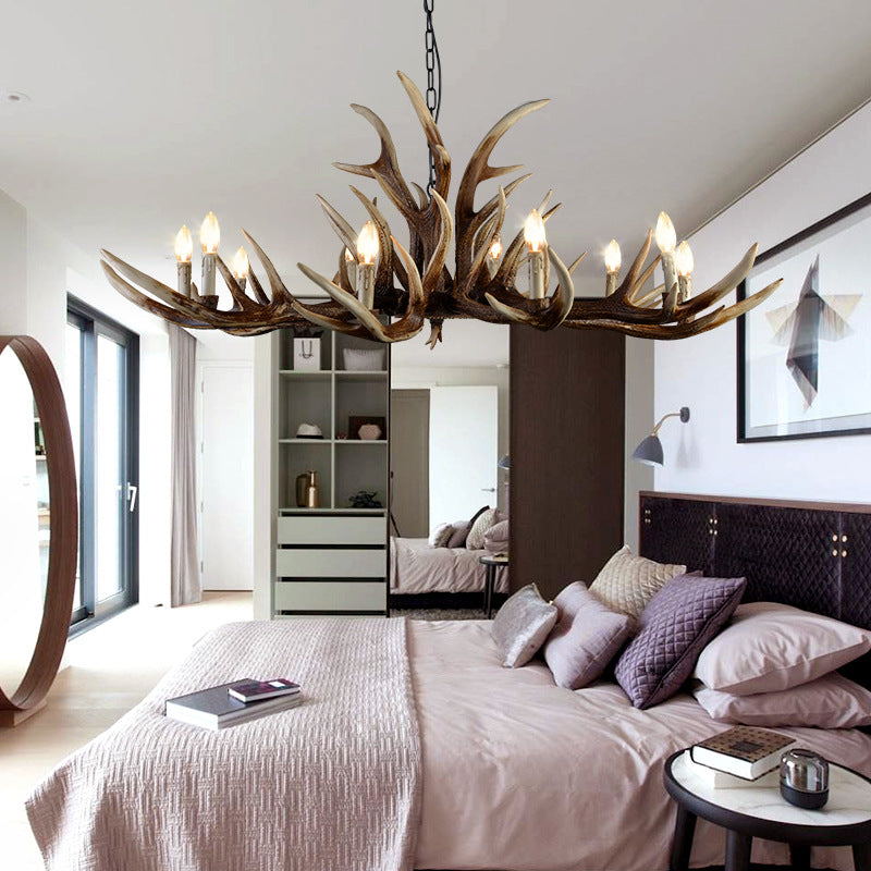 Resin Candelabra Chandelier Lamp Farmhouse 6/10/15-Head Bedroom Pendant Ceiling Light in Brown Clearhalo 'Ceiling Lights' 'Chandeliers' Lighting' options 233163