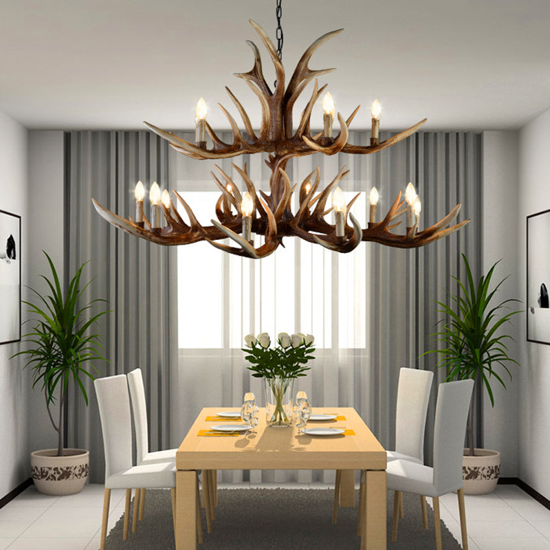 Resin Candelabra Chandelier Lamp Farmhouse 6/10/15-Head Bedroom Pendant Ceiling Light in Brown Clearhalo 'Ceiling Lights' 'Chandeliers' Lighting' options 233167