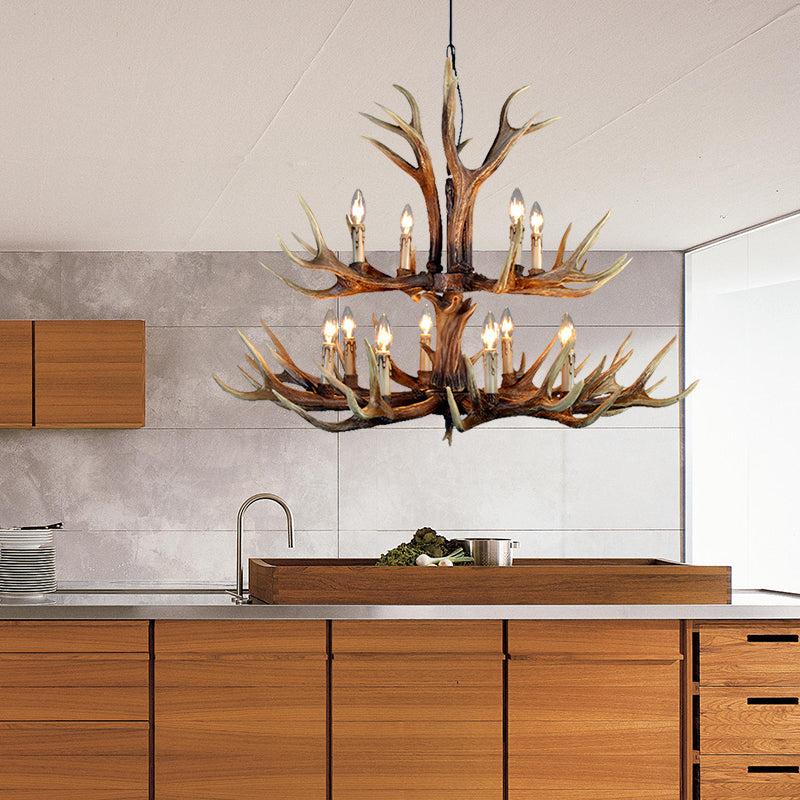 2-Tier Hanging Lamp Rustic Resin 12/15 Bulbs Brown Chandelier Pendant Light for Kitchen Island 12 Brown Clearhalo 'Ceiling Lights' 'Chandeliers' Lighting' options 233194_0f614bd5-976b-46b4-9706-8133dc11823d