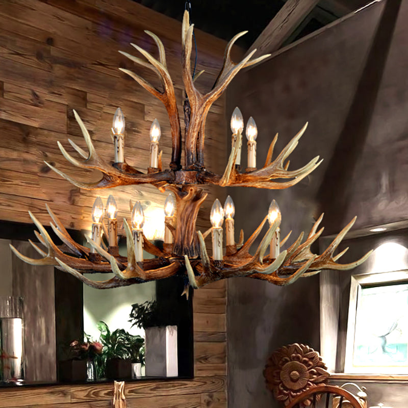 2-Tier Hanging Lamp Rustic Resin 12/15 Bulbs Brown Chandelier Pendant Light for Kitchen Island Clearhalo 'Ceiling Lights' 'Chandeliers' Lighting' options 233195